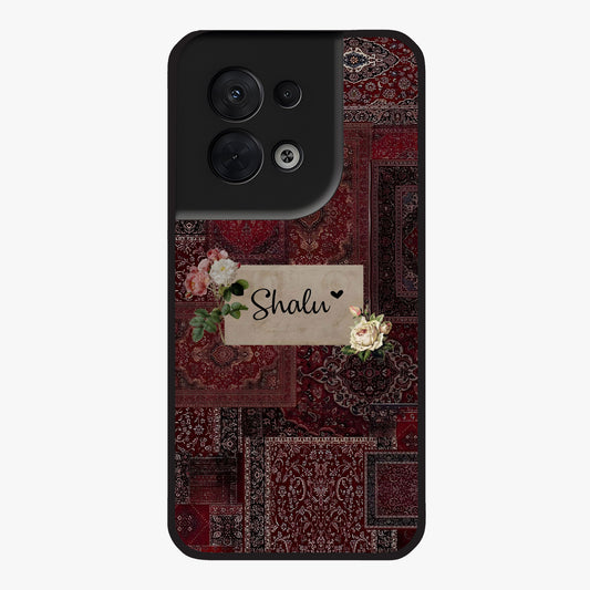 Velvet Wine Pattern Custom Name Glass Case showing flat back view with elegant wine colored pattern artwork and personalized name design.