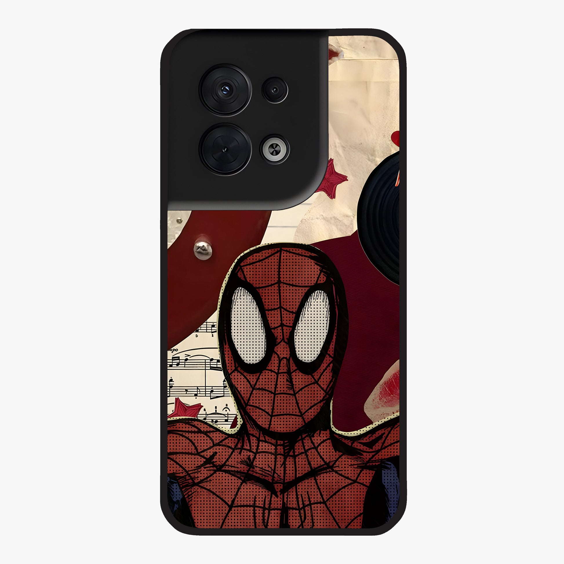 Web Warrior Vibes Glass Case showing flat back view with superhero inspired web themed artwork and glossy glass finish.