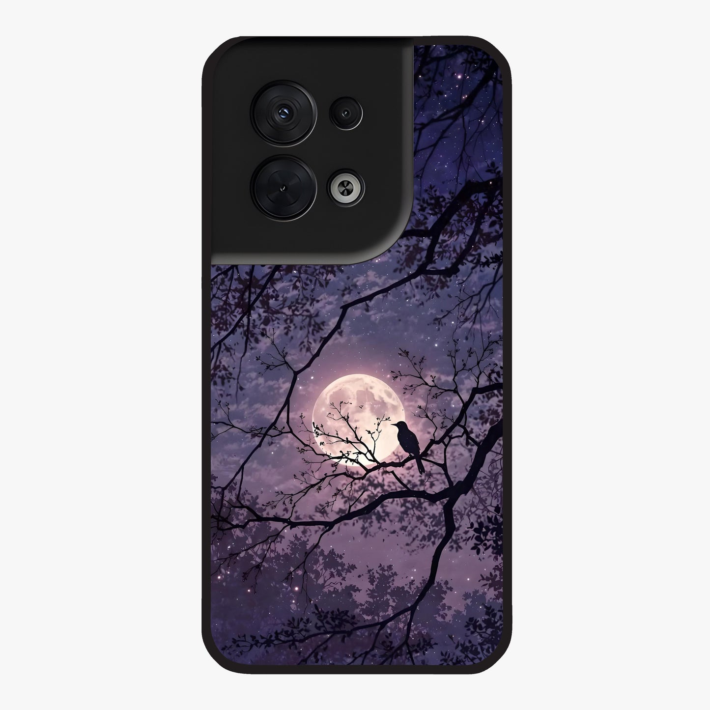 Whispering Moon Silence Glass Case showing flat back view with serene moon themed artwork and glossy glass finish.