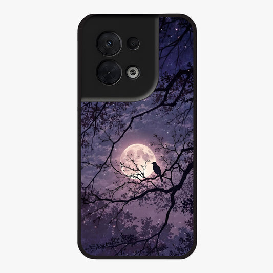 Whispering Moon Silence Glass Case showing flat back view with serene moon themed artwork and glossy glass finish.