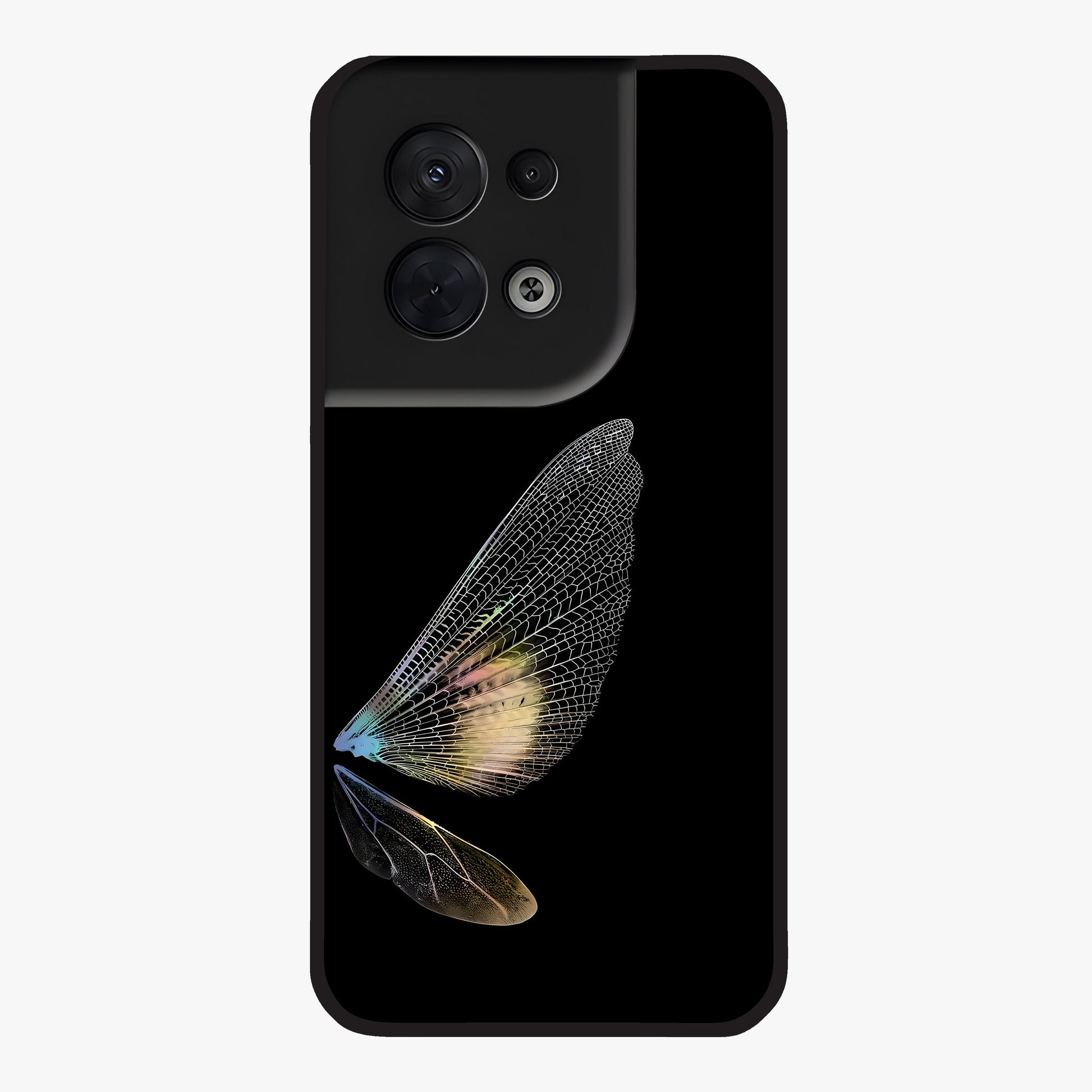 Whispers Of Wings Glass Case showing flat back view with graceful wing inspired artwork and glossy glass finish.