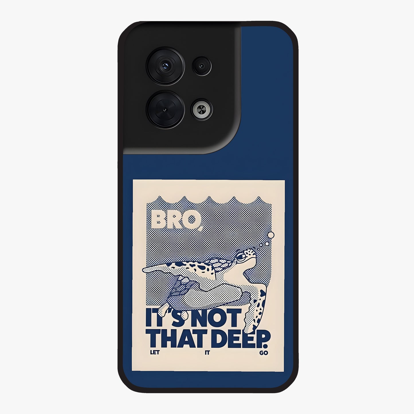 Worry Less Swim Glass Case showing flat back view with playful motivational artwork and glossy glass finish.