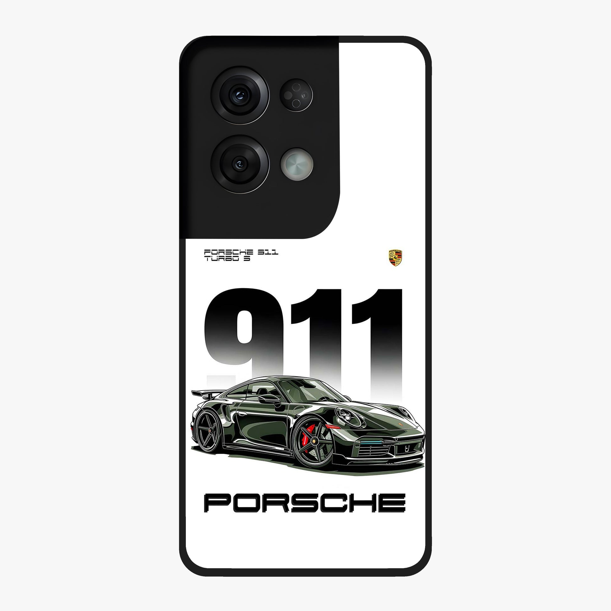 911 Turbo Dominance Glass Case showing clean flat back view with bold 911 sports car artwork and glossy glass finish.