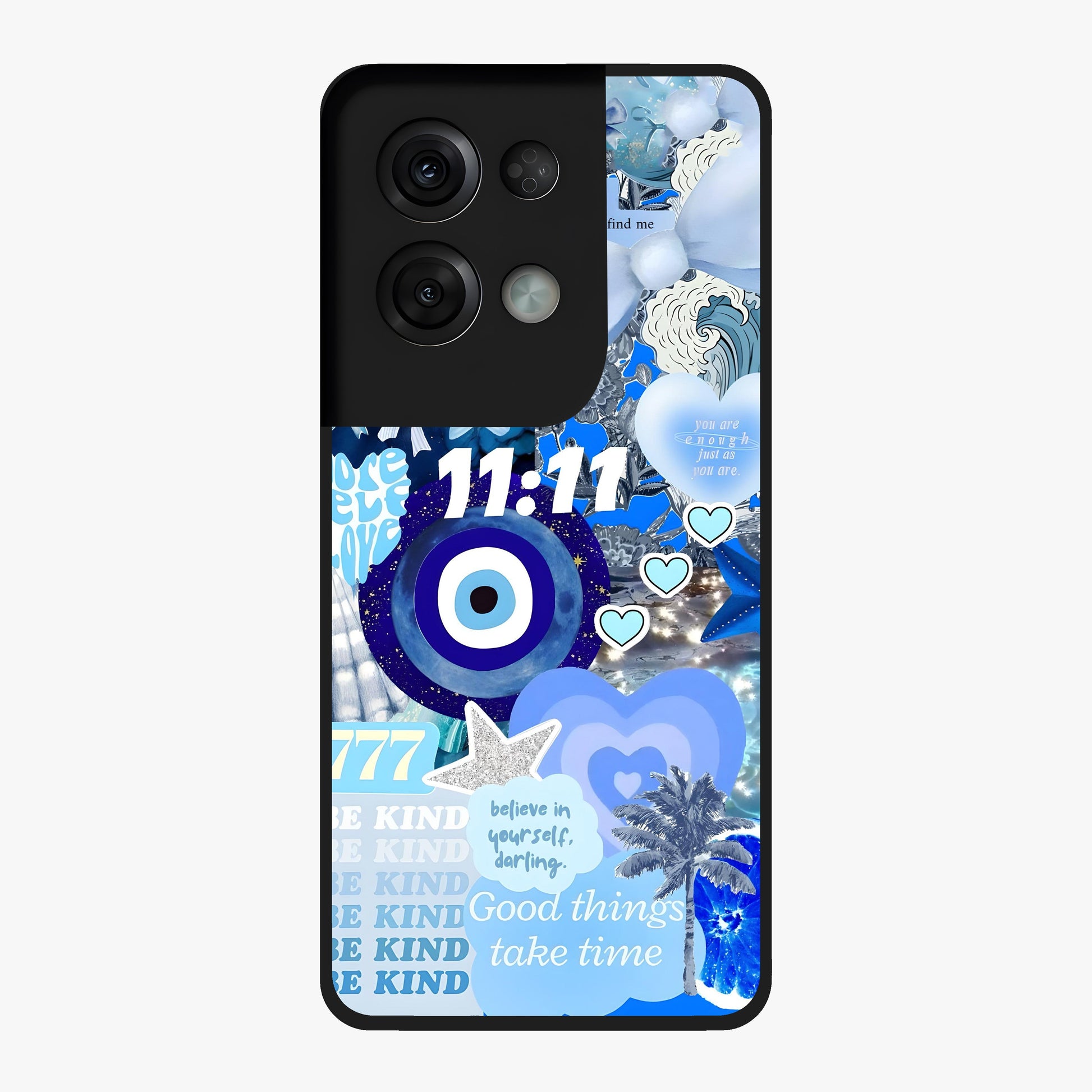 Aesthetic Be Kind Eye Glass Case showing flat back view with motivational eye artwork and glossy glass finish.