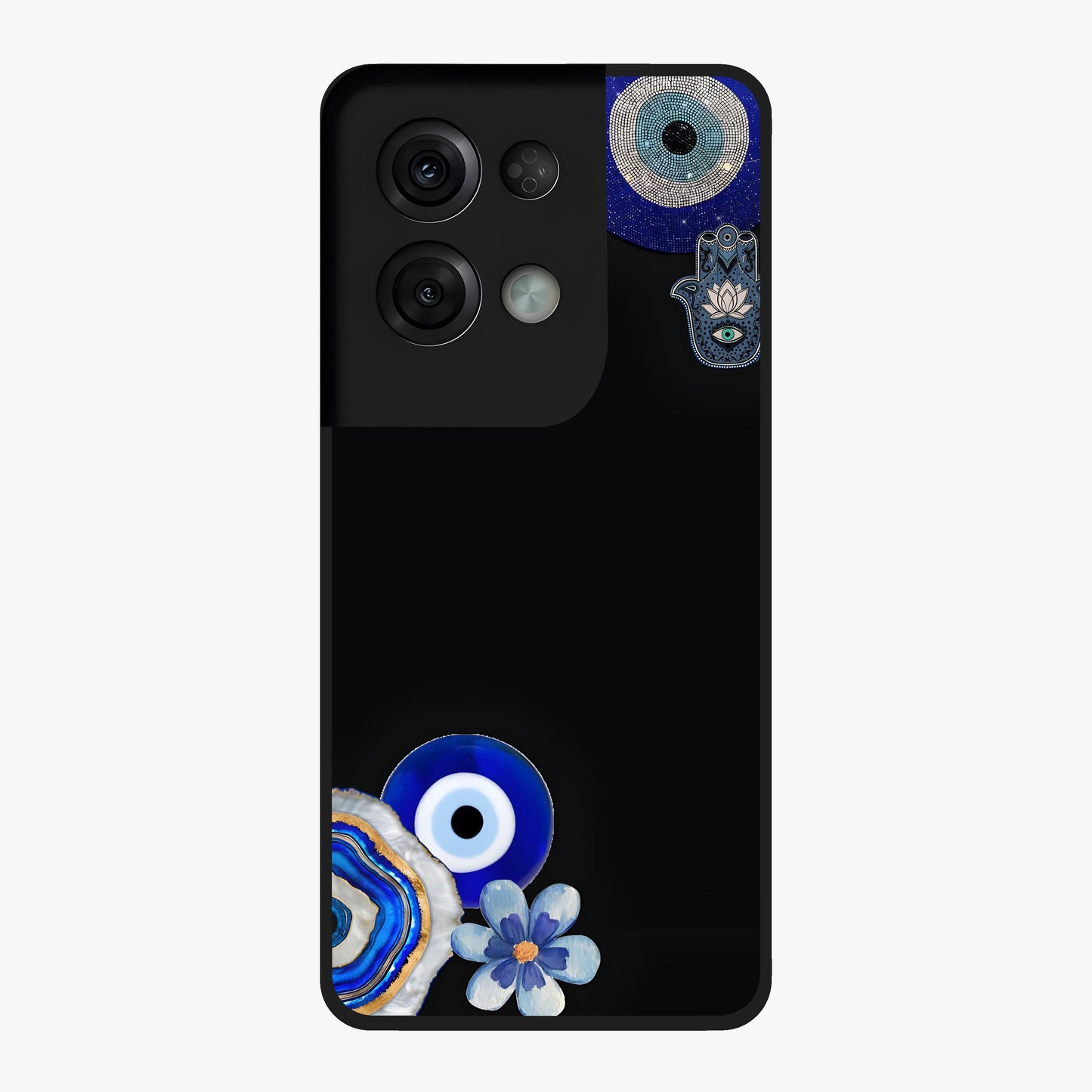 Aesthetic Blue Evil Eye Glass Case showing flat back view with protective evil eye artwork and glossy glass finish.
