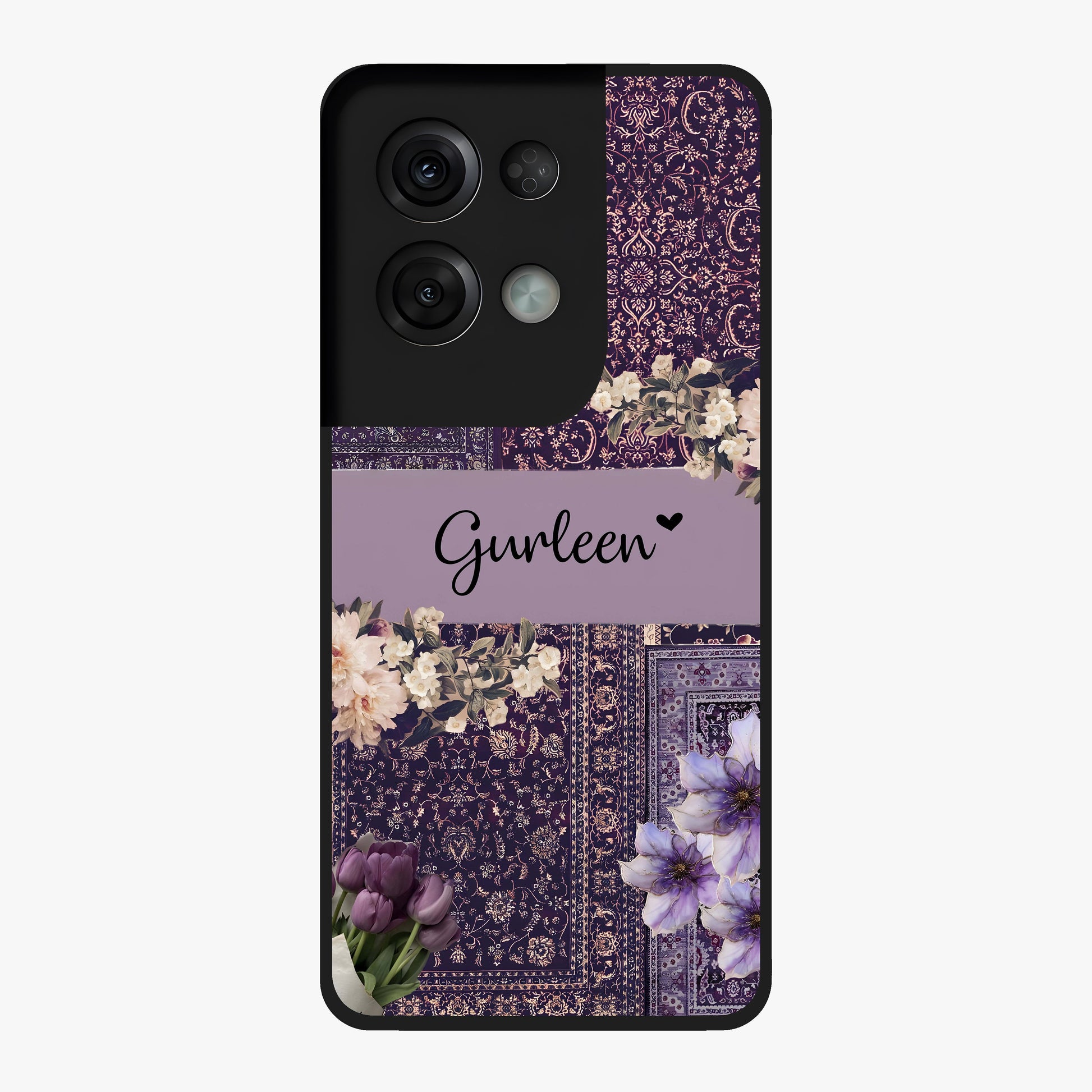 Antique Floral Whisper Custom Name Glass Case showing flat back view with vintage floral artwork and personalized name design.