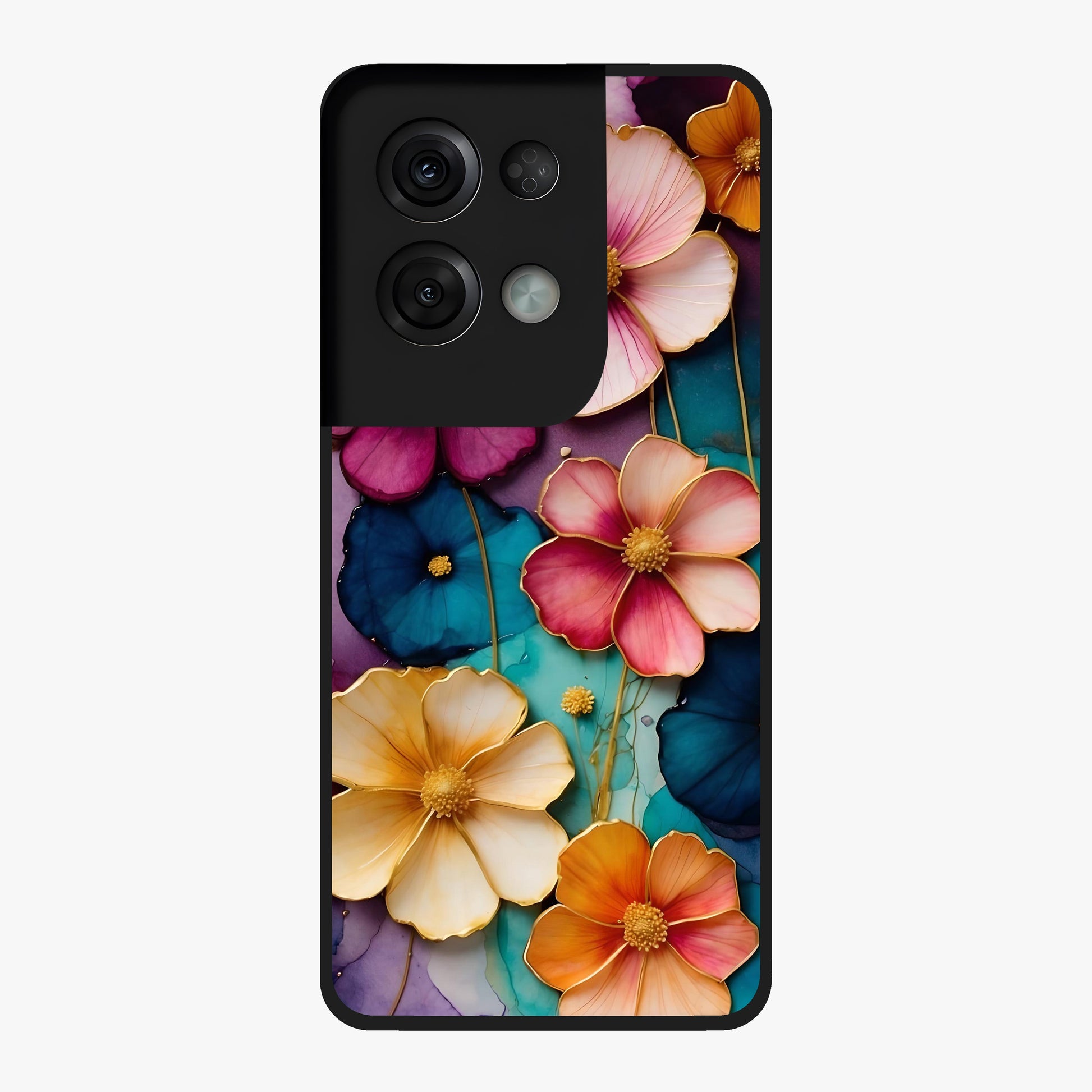 Artlyn Grace Flower Pattern Glass Case showing flat back view with elegant floral pattern artwork and glossy glass finish.