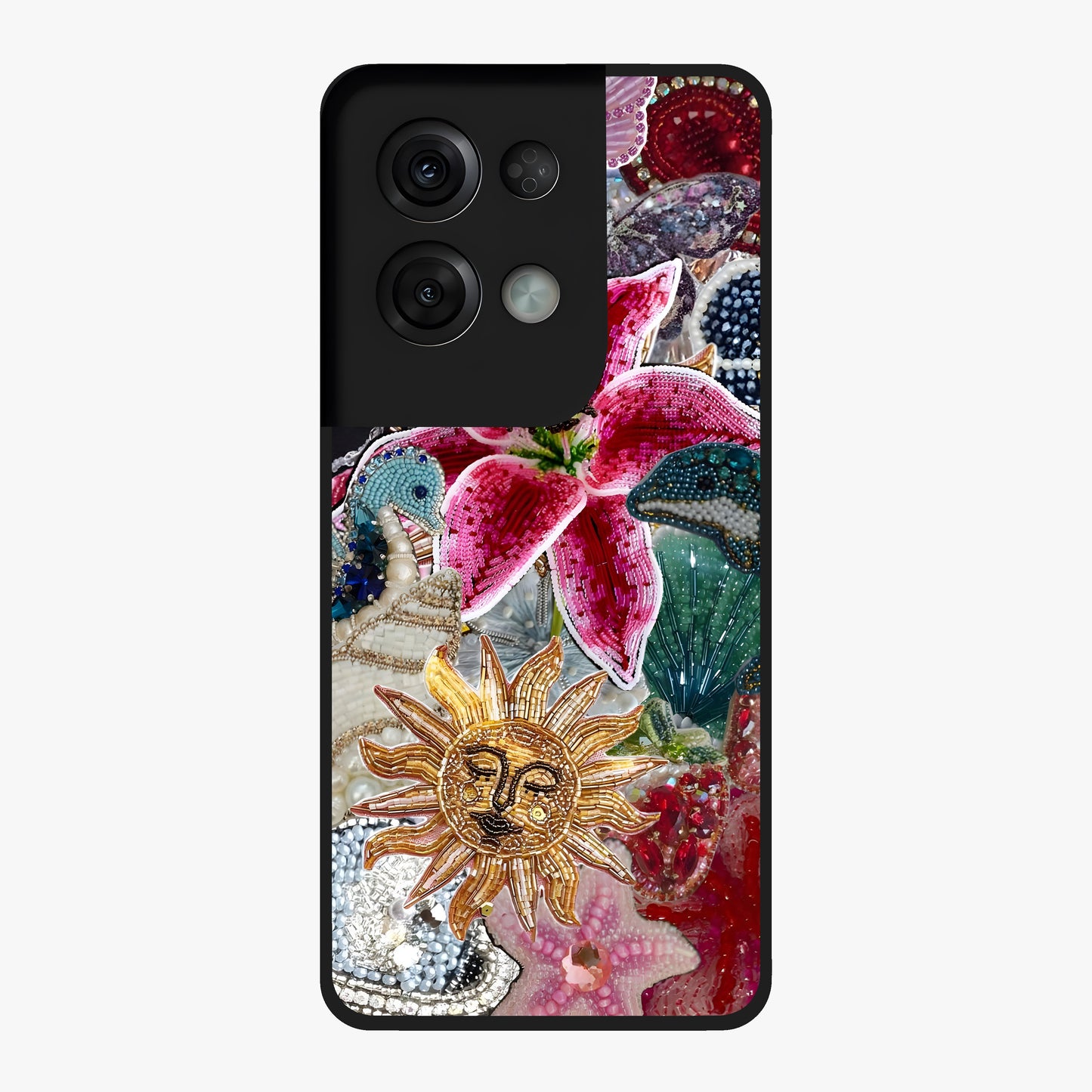 Beaded Garden Fantasy Glass Case showing flat back view with dreamy garden bead artwork and glossy glass finish.