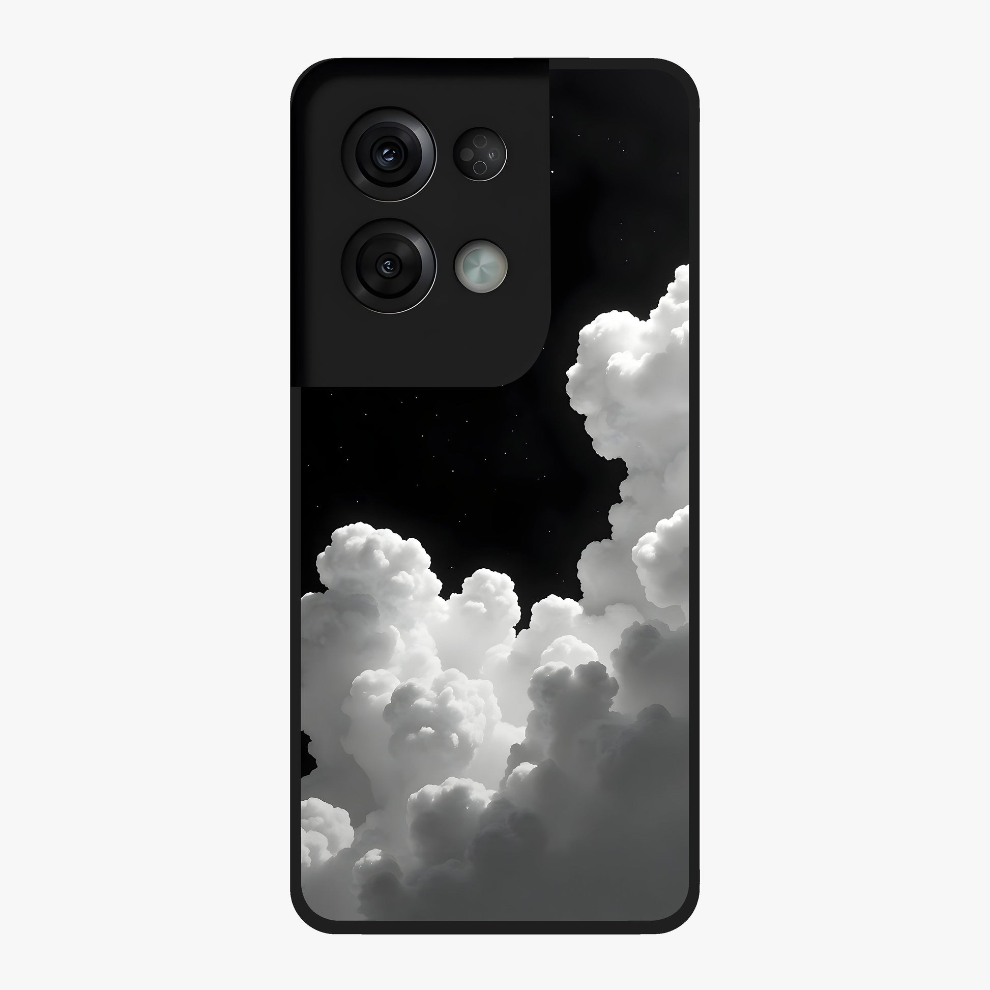Black Background With White Cloud Glass Case showing flat back view with minimal cloud artwork on dark background and glossy glass finish.