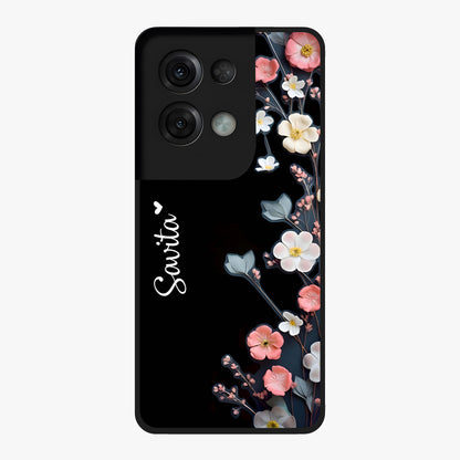 Black Elegance Floral Custom Name Glass Case showing flat back view with elegant floral artwork and personalized name design.