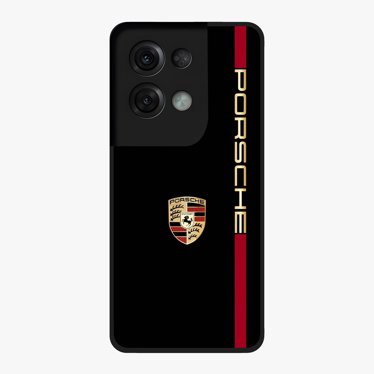 Black Minimal Porsche Glass Case showing flat back view with sleek minimal sports car artwork and glossy glass finish.