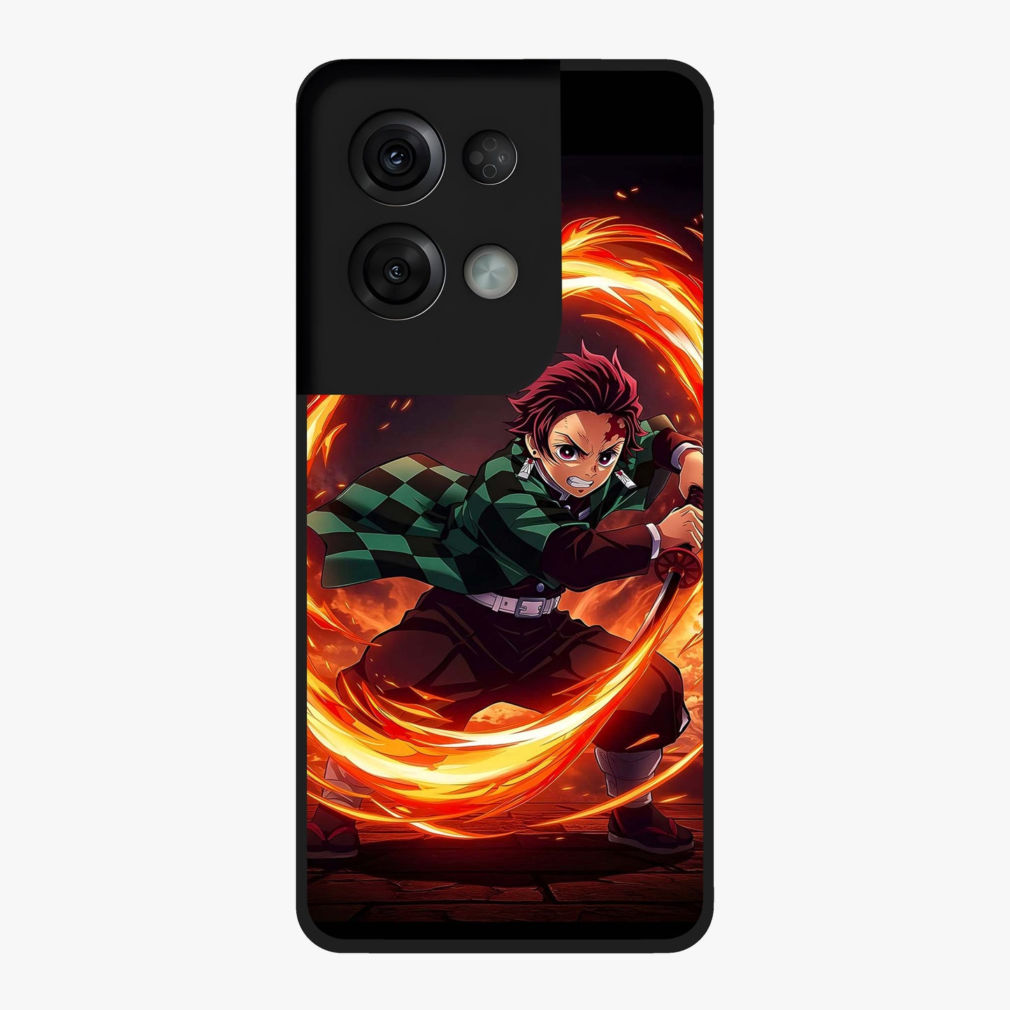Blazing Sword Resolve Glass Case showing flat back view with fiery sword artwork and glossy glass finish.
