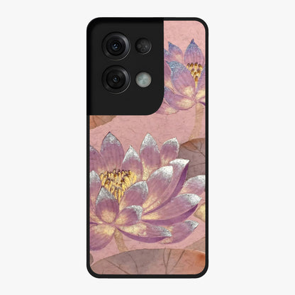 Blossom Mist Lotus Glass Case showing flat back view with serene lotus blossom artwork and glossy glass finish.