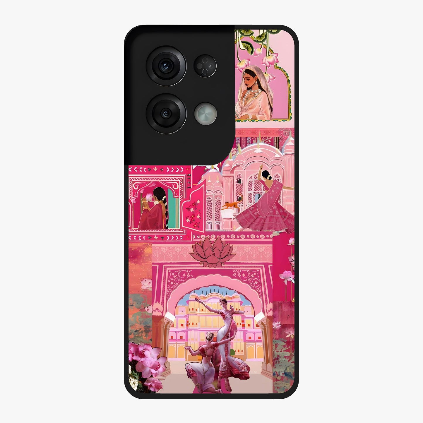 Blossoms of Rajasthan Glass Case showing flat back view with traditional floral artwork inspired by Rajasthan and glossy glass finish.