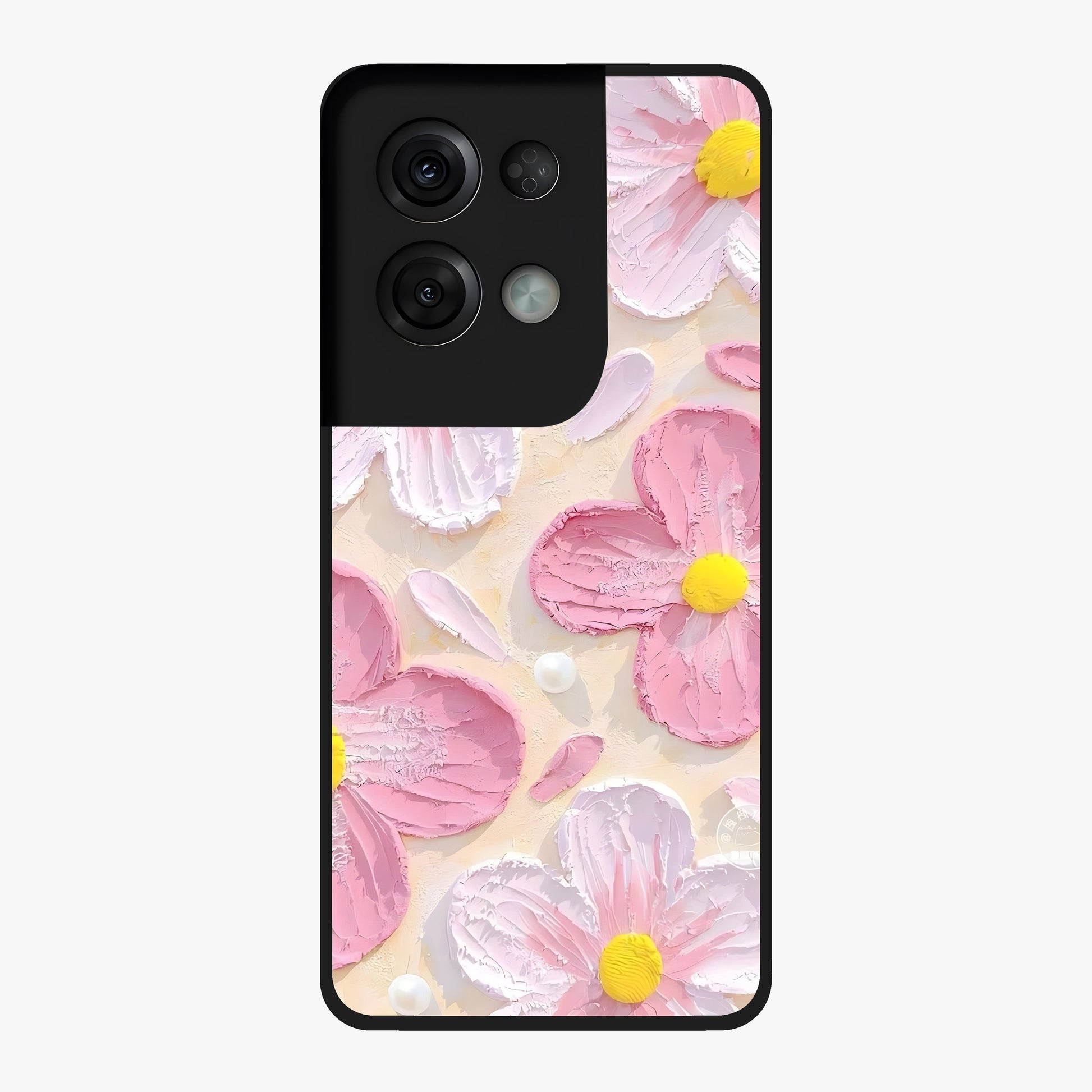 Blush Bloom Texture Glass Case showing flat back view with soft blush floral texture artwork and glossy glass finish.