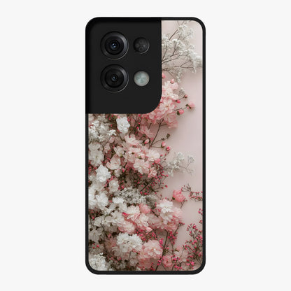 Blush Blossom Cloud Glass Case showing flat back view with dreamy blush cloud blossom artwork and glossy glass finish.