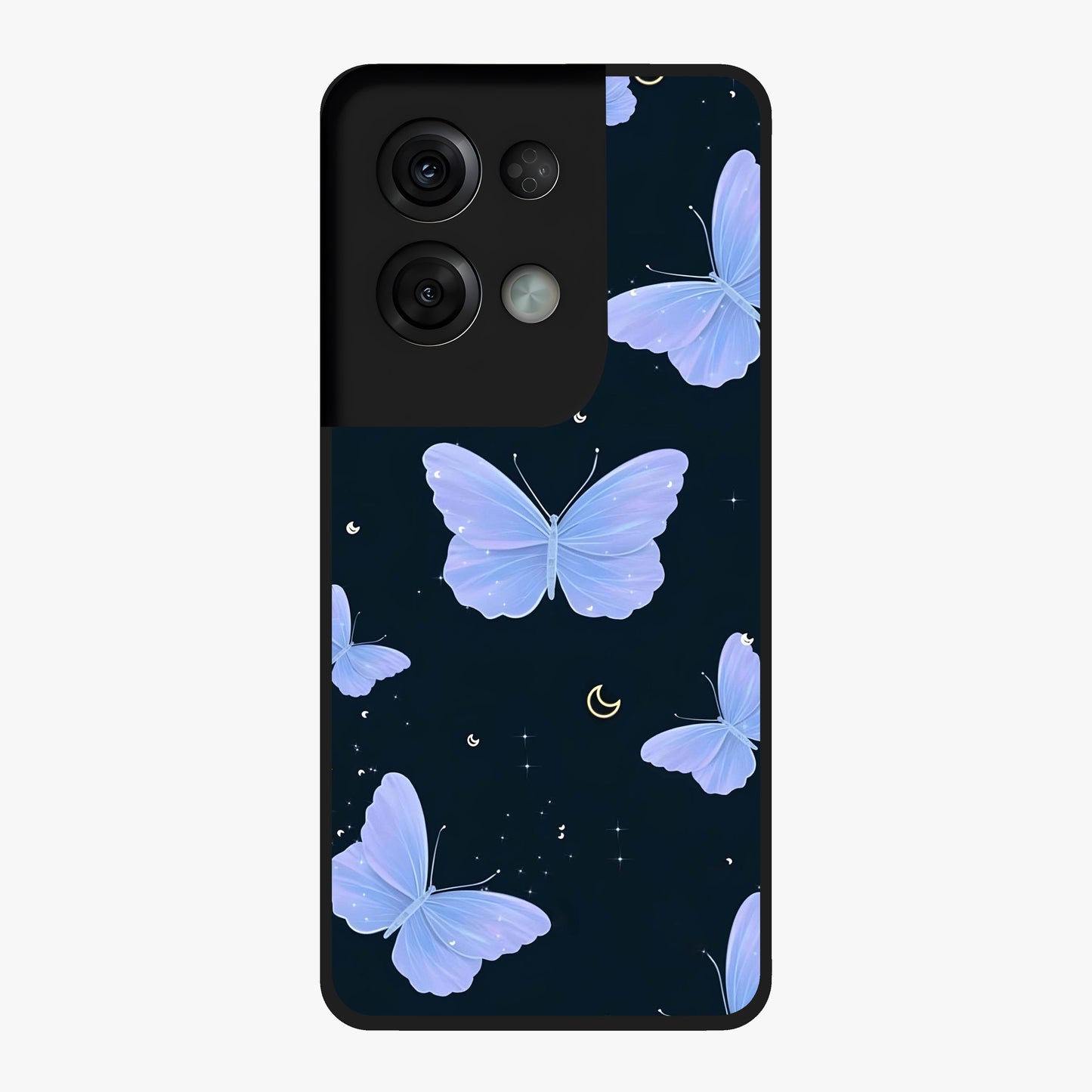 Butterfly With Stars Pattern Glass Case showing flat back view with butterfly and star pattern artwork and glossy glass finish.
