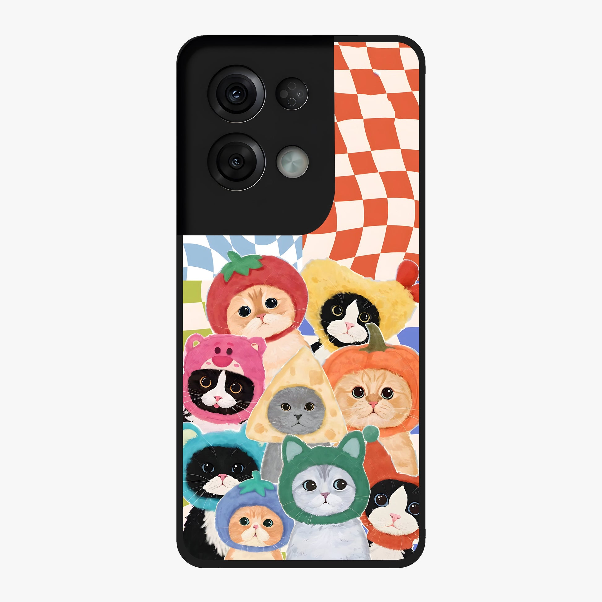 Cats in Fruits Glass Case showing flat back view with playful cat illustrations inside fruit artwork and glossy glass finish.