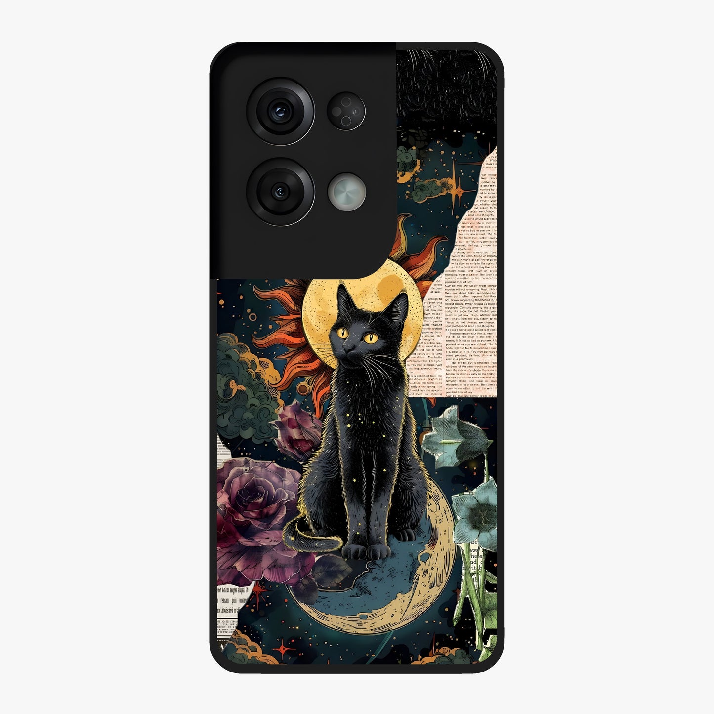 Celestial Black Cat Glass Case showing flat back view with mystical black cat artwork and glossy glass finish.