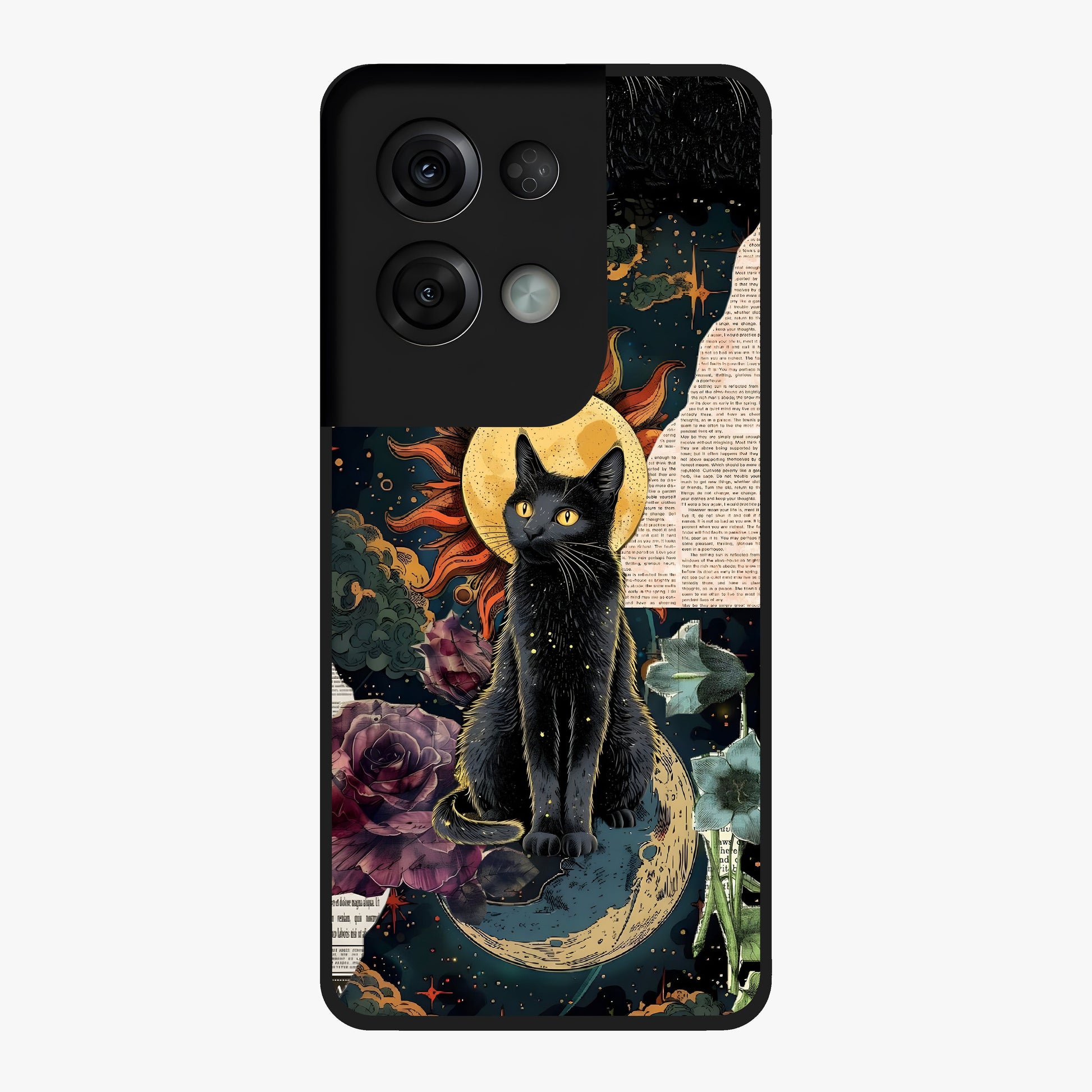 Celestial Black Cat Glass Case showing flat back view with mystical black cat artwork and glossy glass finish.