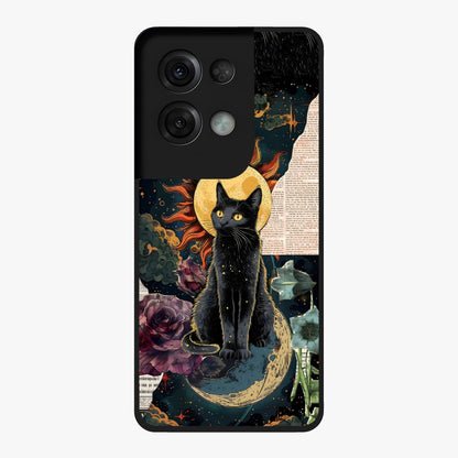 Celestial Black Cat Glass Case showing flat back view with mystical black cat artwork and glossy glass finish.
