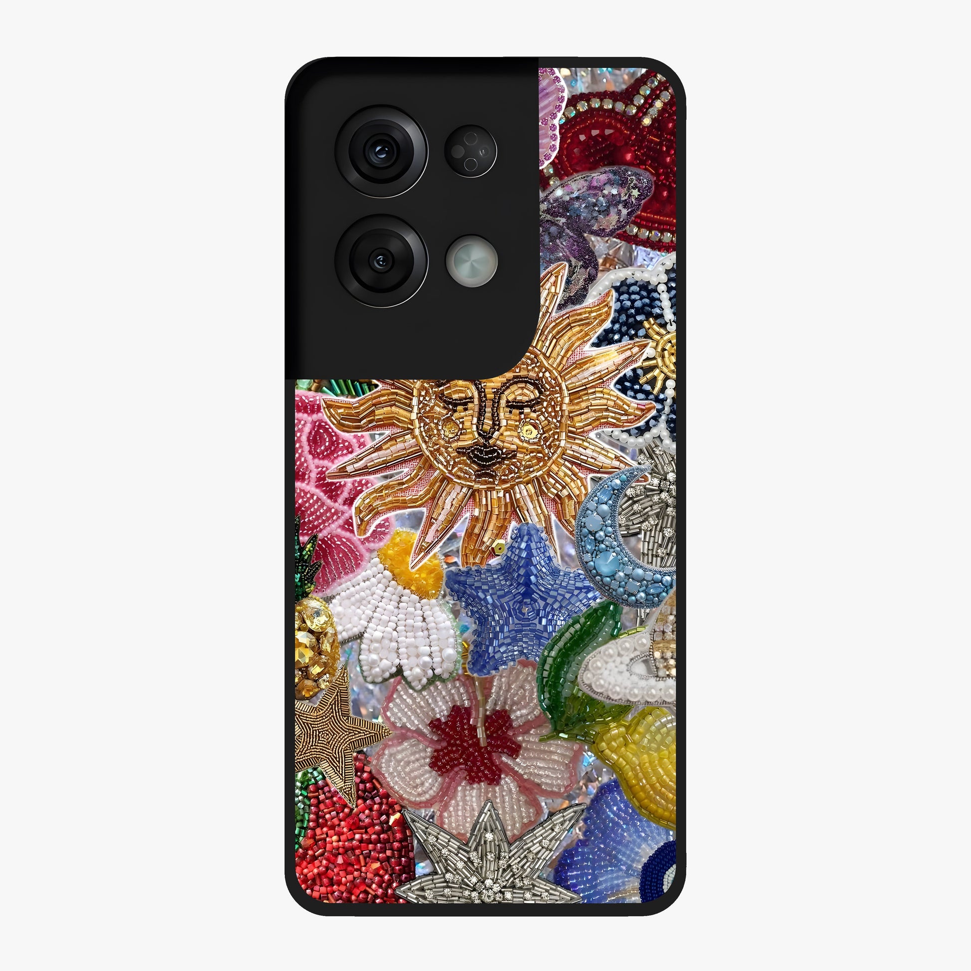 Celestial Floral and Playful Glass Case showing flat back view with floral and celestial themed artwork and glossy glass finish.