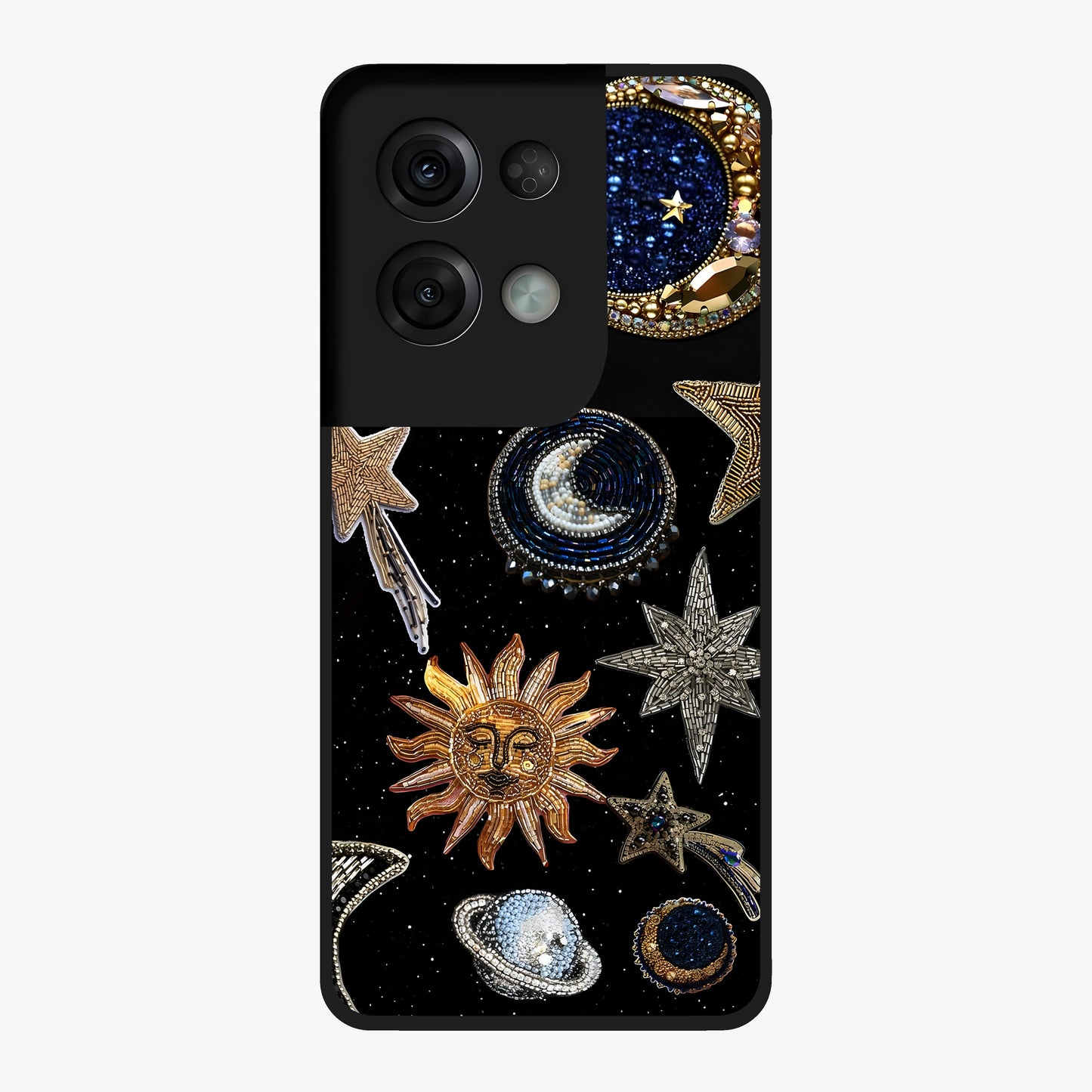 Celestial Gem Constellations Glass Case showing flat back view with sparkling constellation artwork and glossy glass finish.