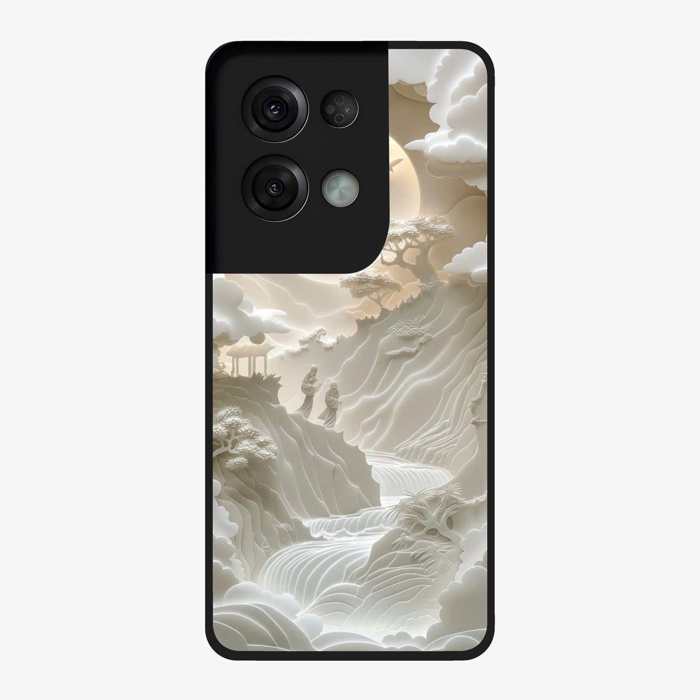 Celestial Origami Glass Case showing flat back view with artistic origami inspired celestial artwork and glossy glass finish.