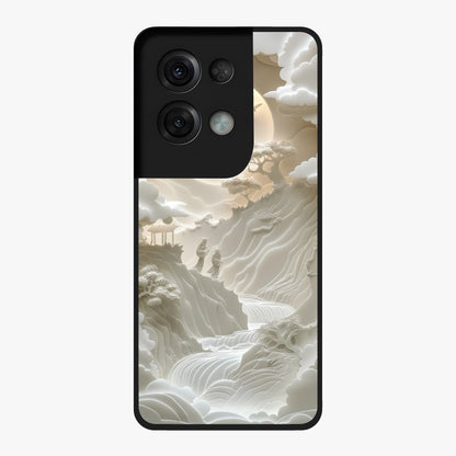 Celestial Origami Glass Case showing flat back view with artistic origami inspired celestial artwork and glossy glass finish.