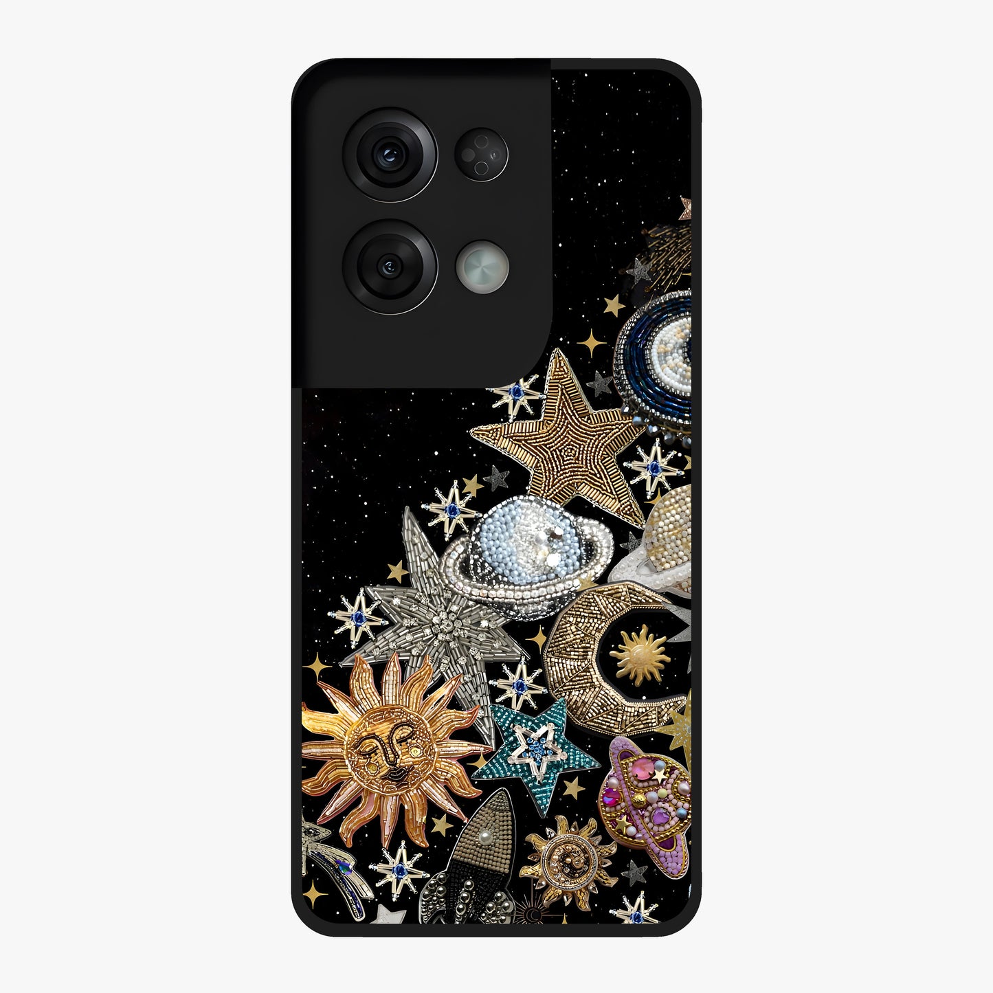 Cosmic Sparkle Dreams Glass Case showing flat back view with sparkling cosmic artwork and glossy glass finish.
