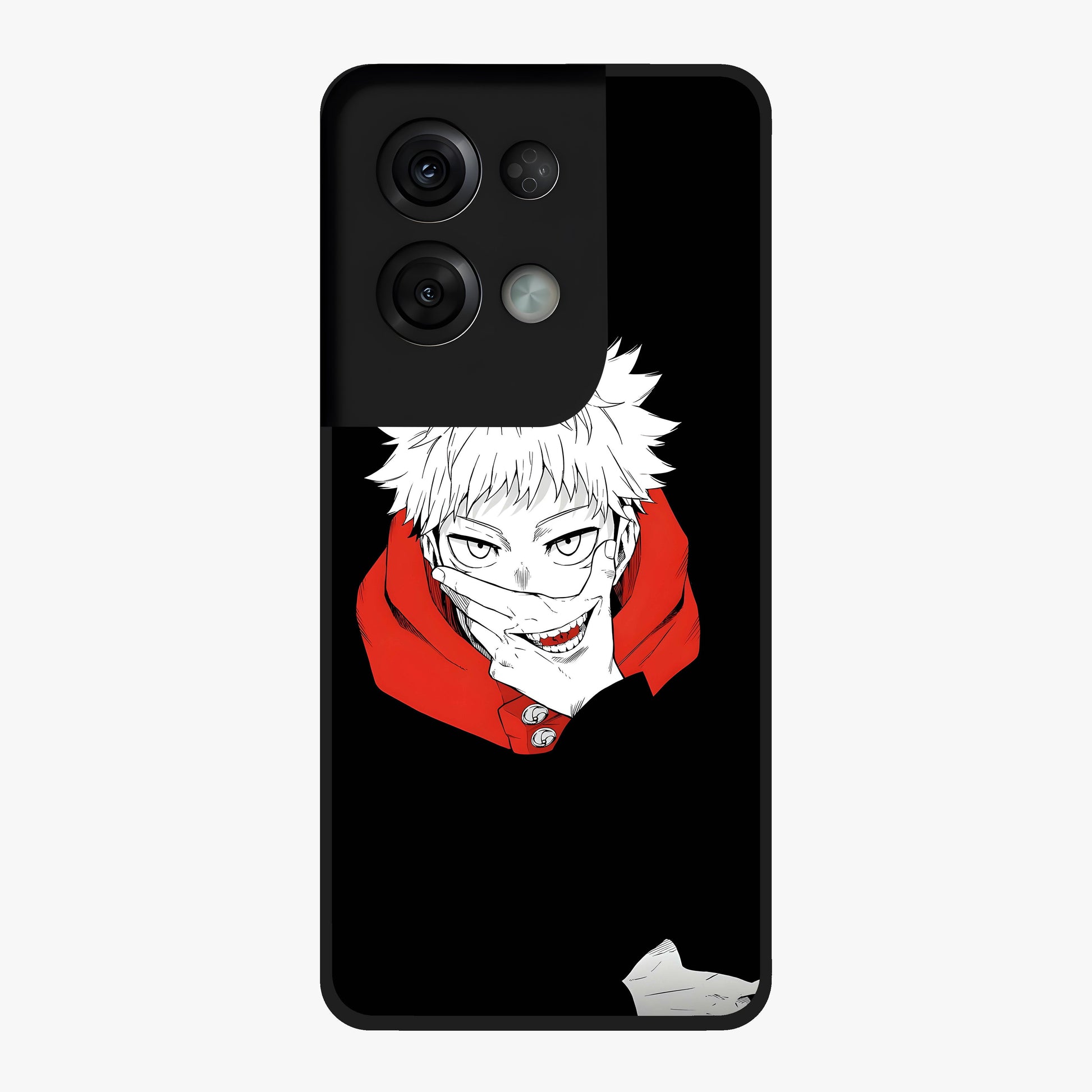 Crimson Chaos Smile Glass Case showing flat back view with bold chaotic smile artwork and glossy glass finish.