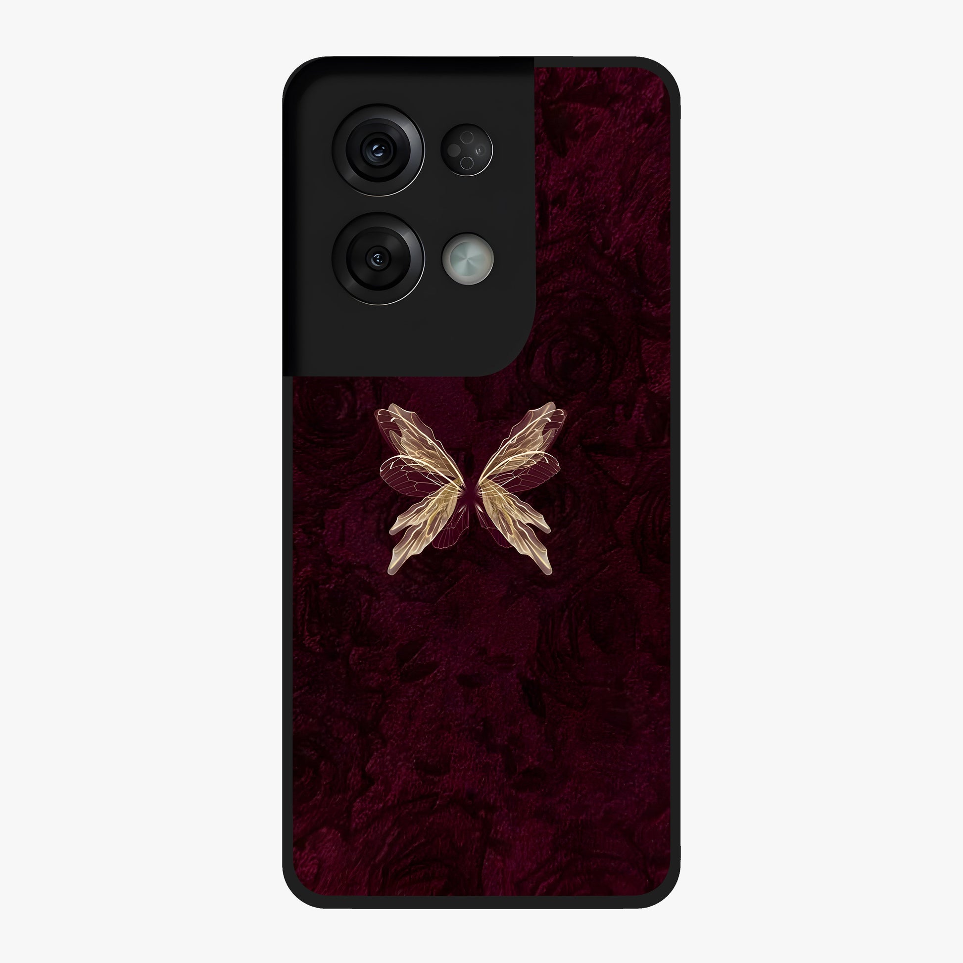 Crimson Fade Butterfly Glass Case showing flat back view with fading butterfly artwork and glossy glass finish.