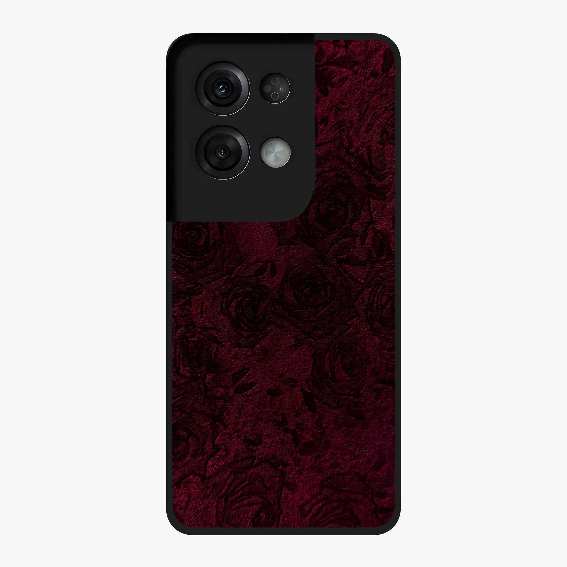 Crimson Fade Flow Glass Case showing flat back view with flowing crimson gradient artwork and glossy glass finish.