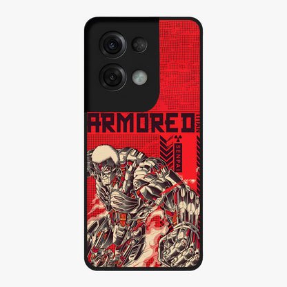 Crimson Mecha Titan Glass Case showing flat back view with powerful mech titan artwork and glossy glass finish.