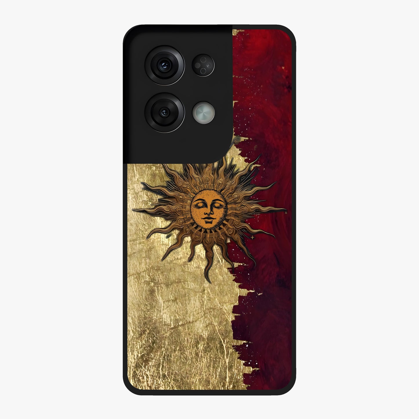 Crimson Sun Majesty Glass Case showing flat back view with radiant sun inspired artwork and glossy glass finish.