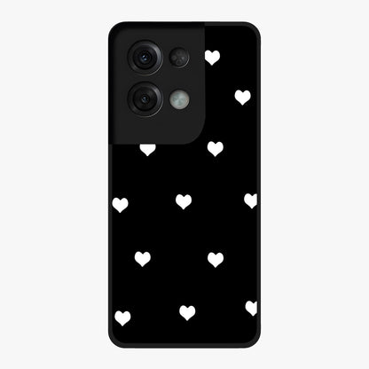 Cute And Simple White Hearts Glass Case showing flat back view with minimal white heart pattern and glossy glass finish.