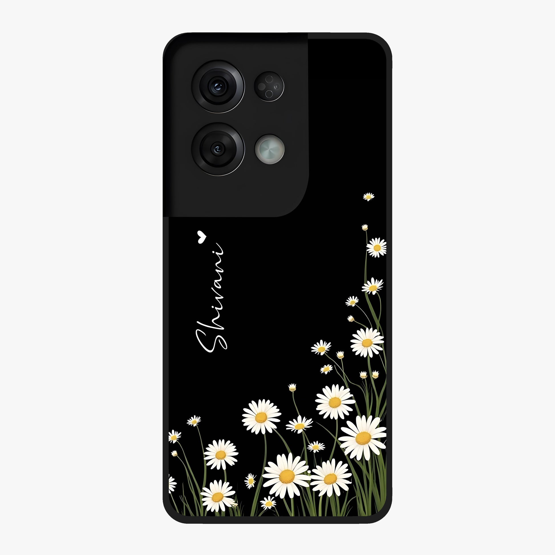 Daisy Cascade Custom Name Glass Case showing flat back view with cascading daisy flowers and personalized name design.