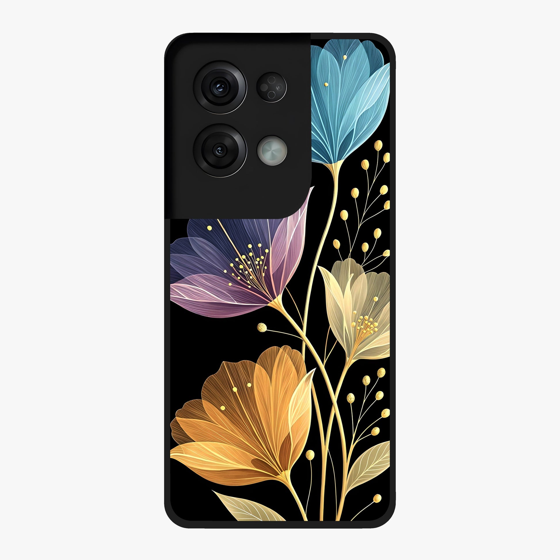 Delicate Multicolor Flowers Glass Case showing flat back view with vibrant floral artwork and glossy glass finish.