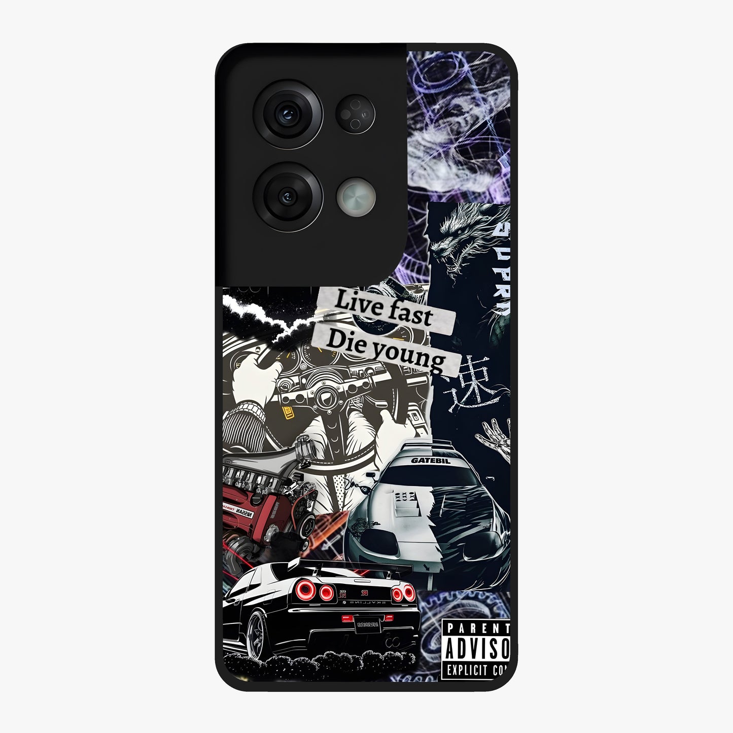 Die Young Glass Case showing flat back view with bold artistic typography design and glossy glass finish.