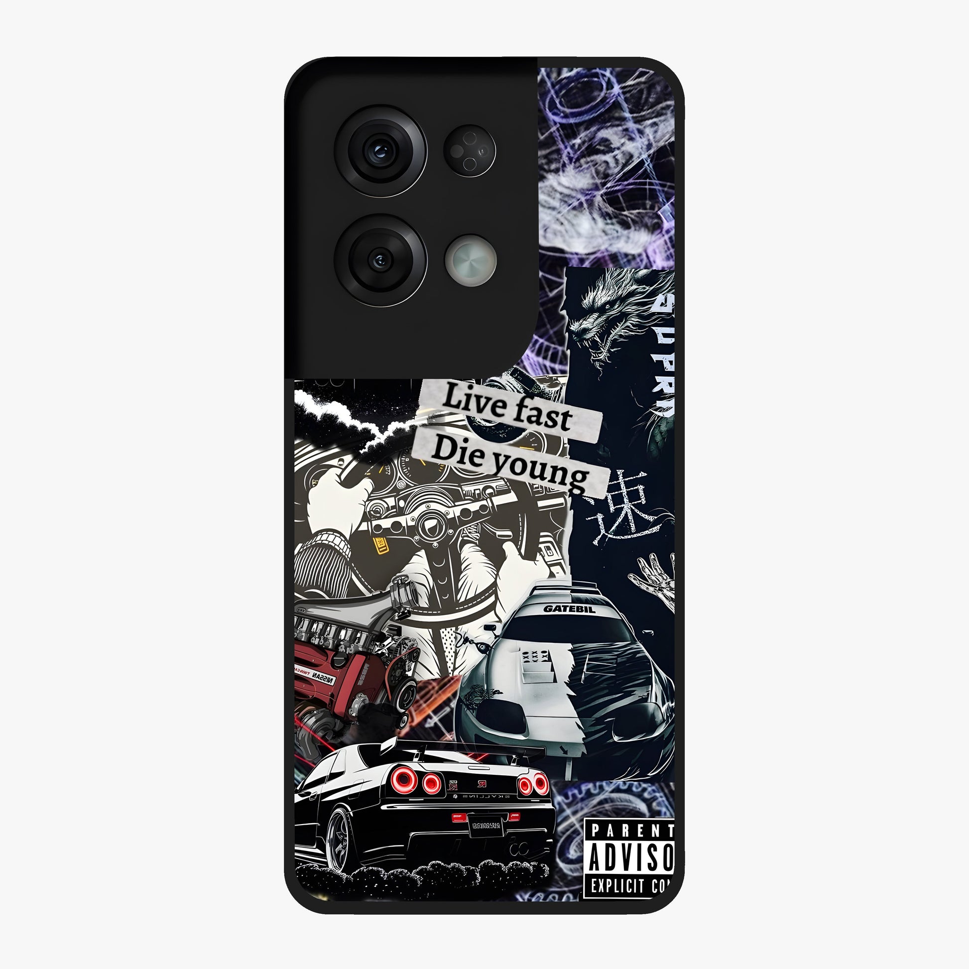 Die Young Glass Case showing flat back view with bold artistic typography design and glossy glass finish.