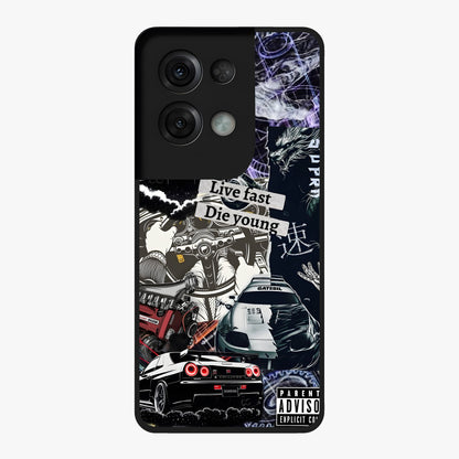 Die Young Glass Case showing flat back view with bold artistic typography design and glossy glass finish.