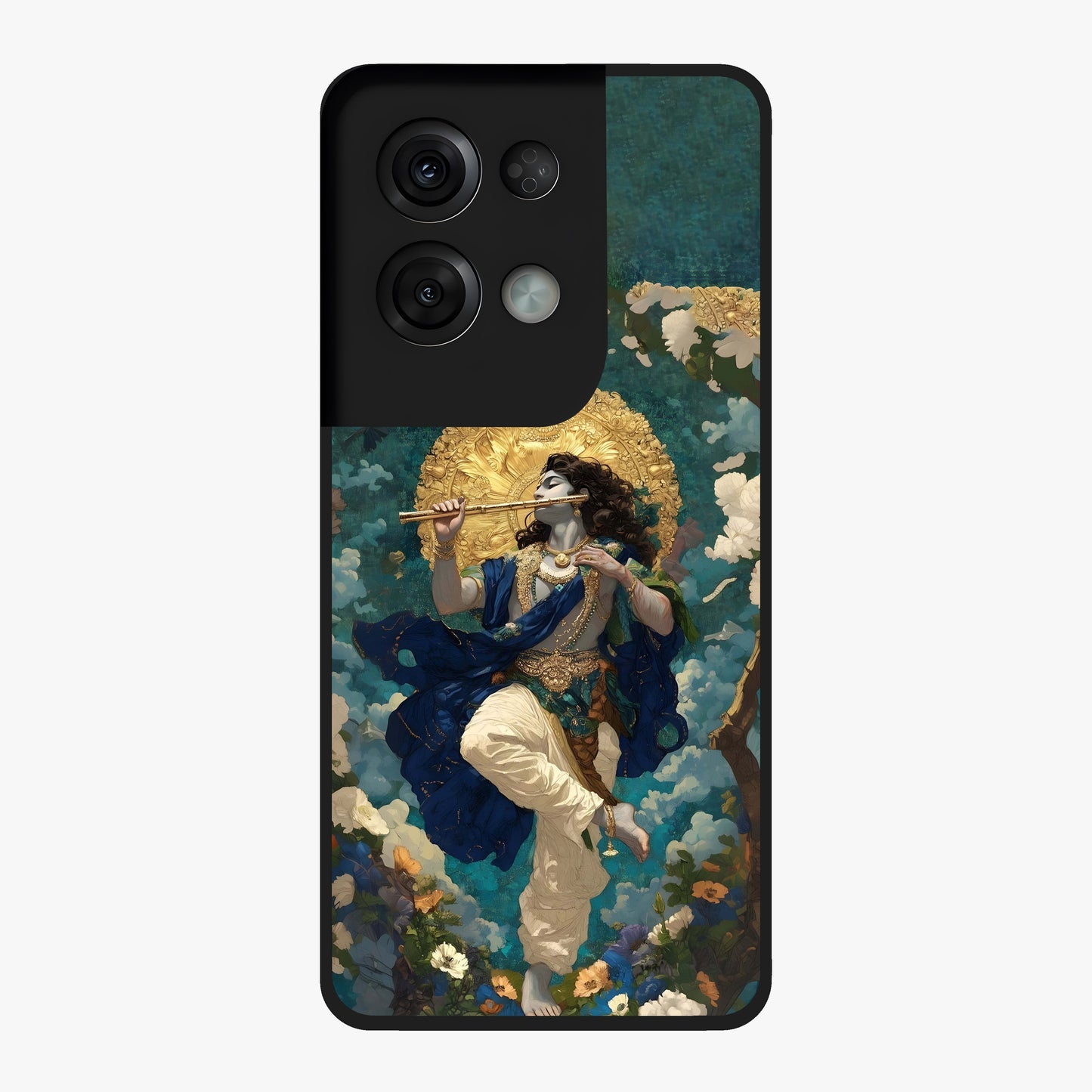 Divine Krishna Art Glass Case showing flat back view with Lord Krishna artwork and glossy glass finish.