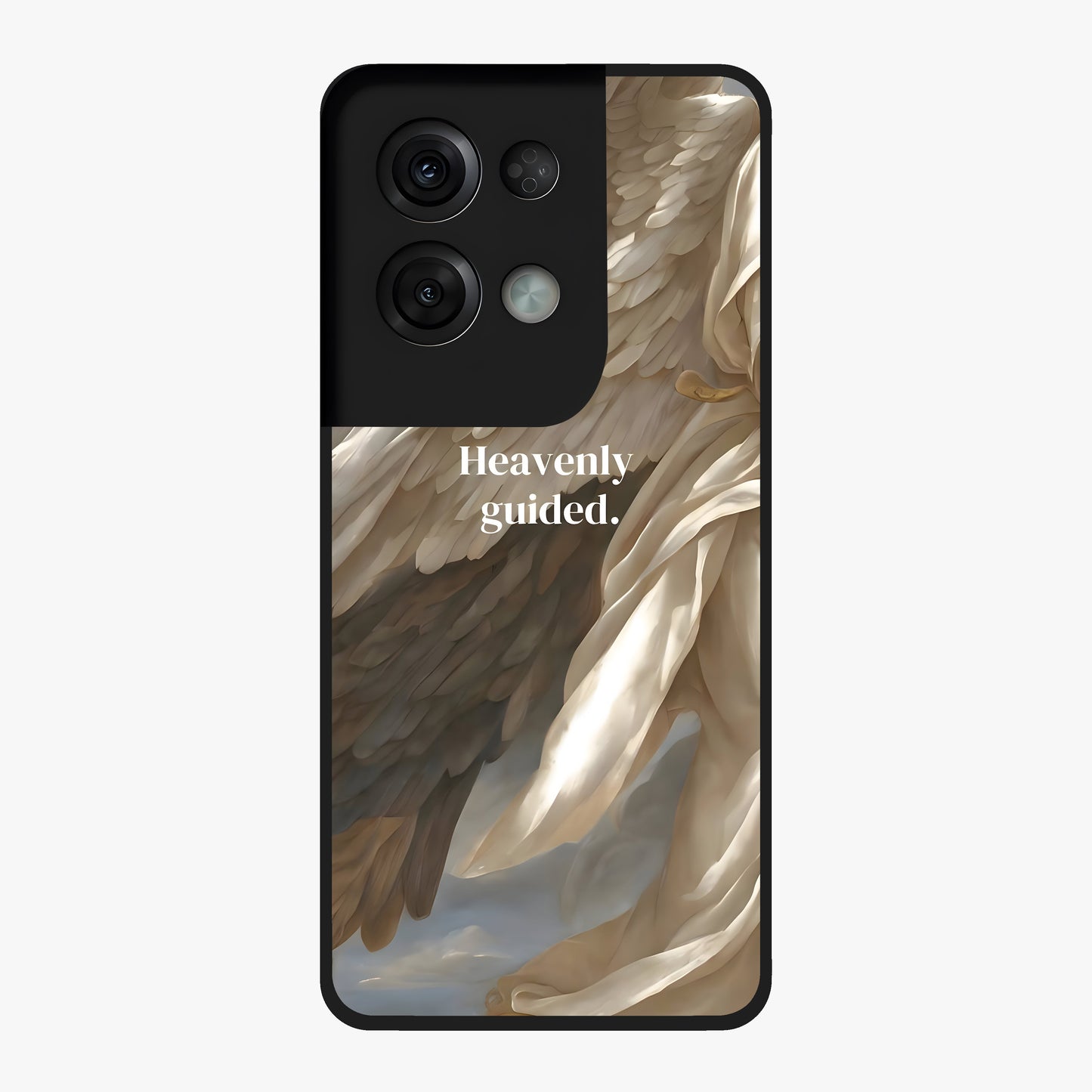Divine Winged Grace Glass Case showing flat back view with elegant wing inspired artwork and glossy glass finish.