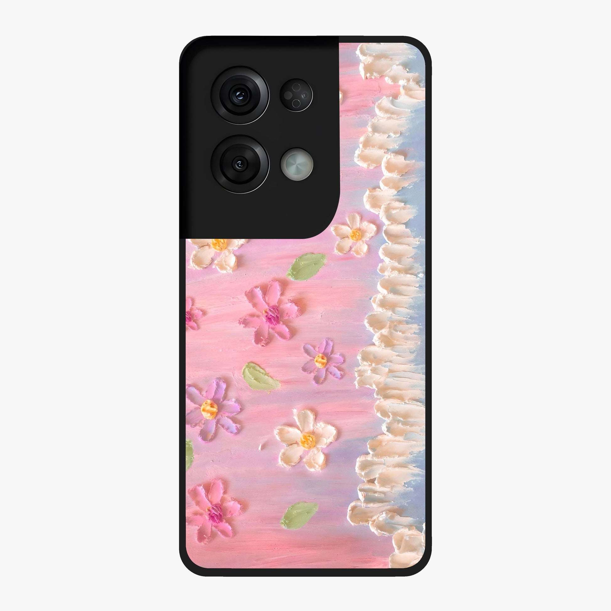 Dreamy Painted Garden Glass Case showing flat back view with artistic painted floral garden artwork and glossy glass finish.