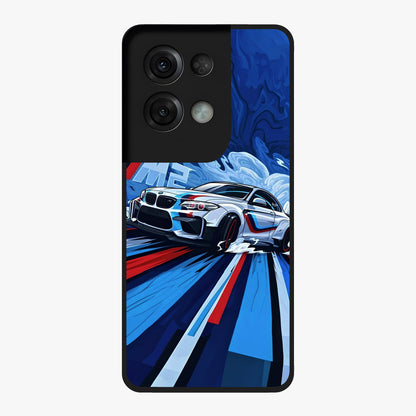 Drift Power Rush Glass Case showing flat back view with dynamic racing inspired artwork and glossy glass finish.