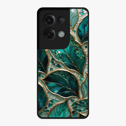 Emerald Leaf Glass Glass Case showing flat back view with emerald green leaf artwork and glossy glass finish.