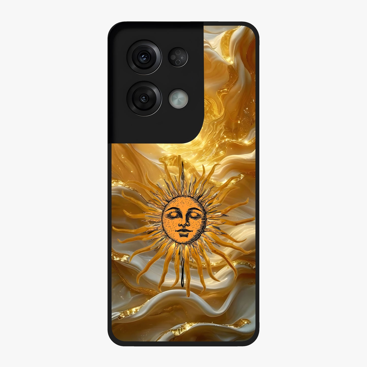 Eternal Golden Glow Glass Case showing flat back view with radiant golden themed artwork and glossy glass finish.