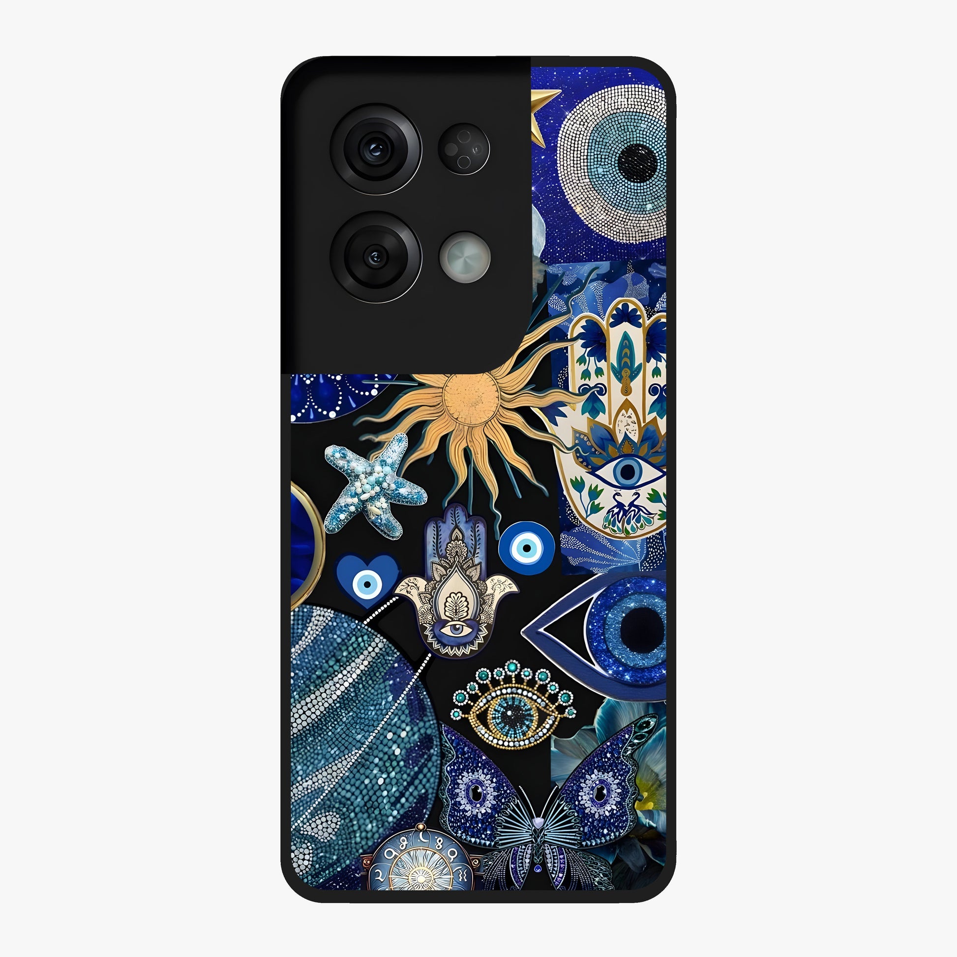 Evil Eye Charm Mix Glass Case showing flat back view with multiple evil eye charms artwork and glossy glass finish.