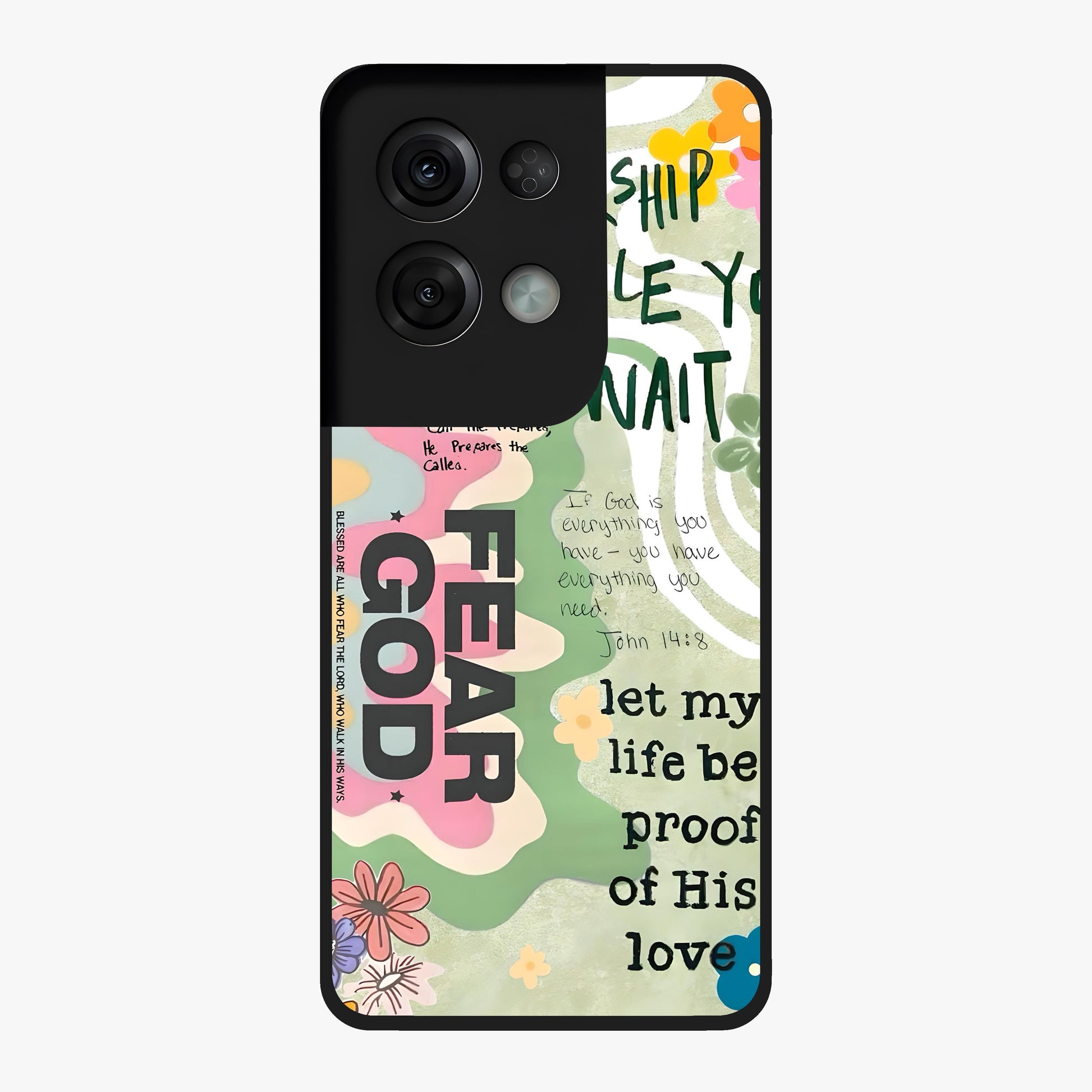 Faith Over Fear Glass Case showing flat back view with motivational typography artwork and glossy glass finish.