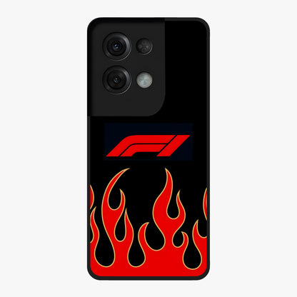 Fire F11 Glass Case showing flat back view with fiery themed artwork and glossy glass finish.